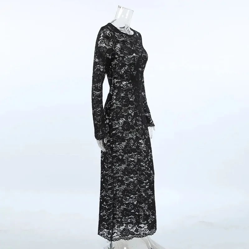 

Sexy See-through Long Sleeve Dress Women Autumn Fashion Trendy Lace Max Dress Elegant Party Dress Popular Cross-border Wholesale