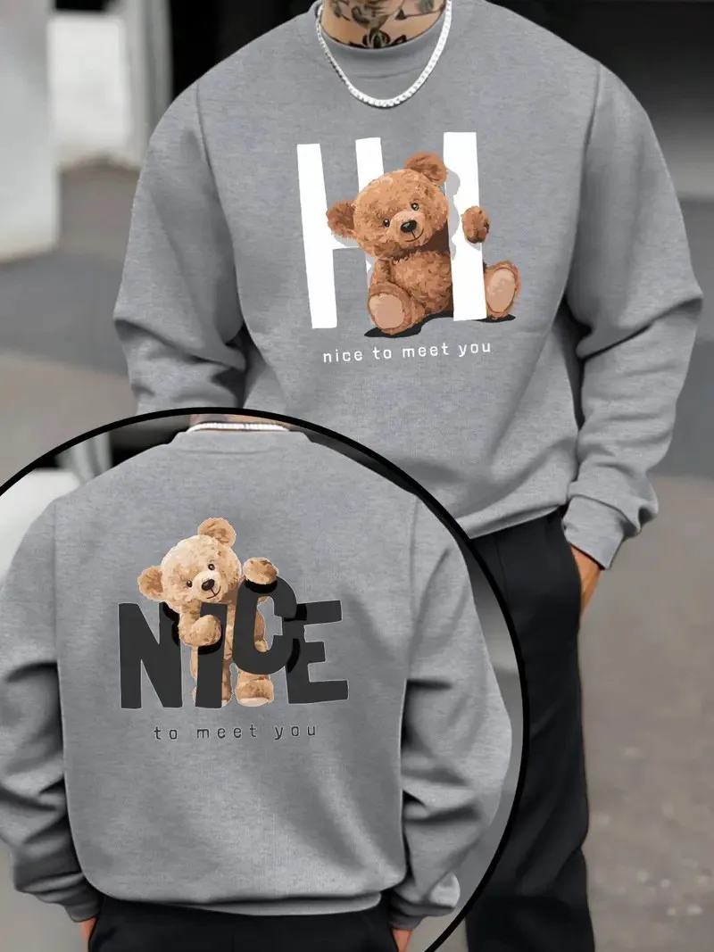 يتميز القلنسوة الرجالية الجديدة ذات الرقبة المستديرة لربيع وخريف 2025 بطباعة دب ثلاثية الأبعاد غير رسمية وعصرية على الشارع #3