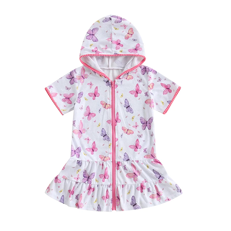 Kid Girls Swim Coverups Butterfly Print Short Sleeve Hooded Dress Zip-Up Robe Towel Beachwear