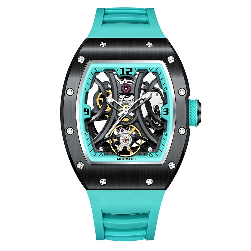 

New Style WM Automatic Watch Tonneau Dial Silicone Strap Waterproof Sport Mechanical Wristwatch Stainless Steel