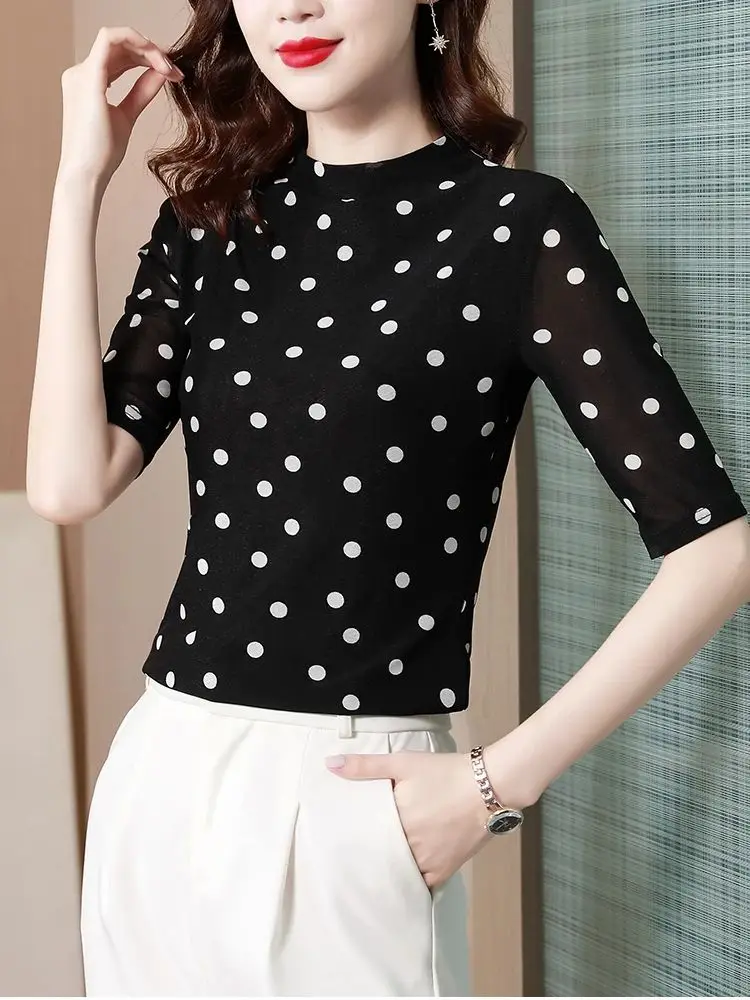 Spring Summer Women\'s Half-sleeved T-shirt Female Double-Layer Dot Mesh Tops Woman Vintage Simple Tees Shirt M-4XL