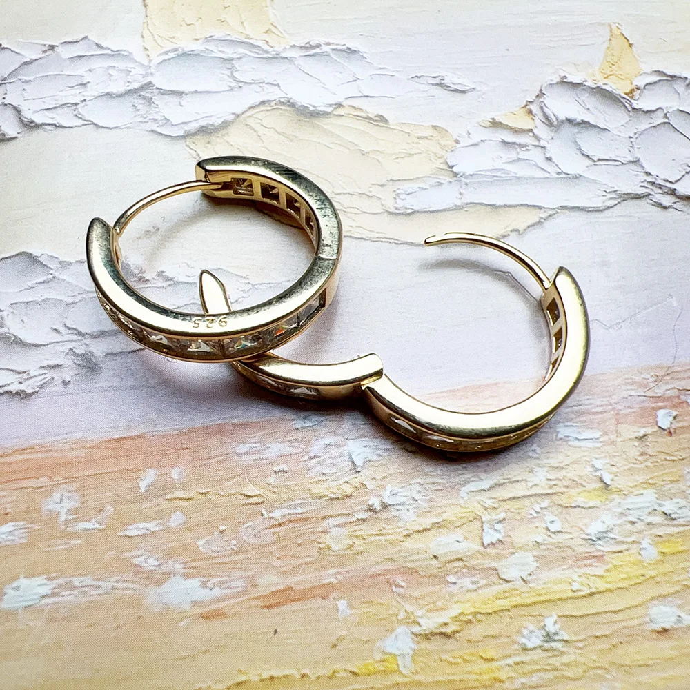 Elegantes Design, goldene Creolen mit Scharnier, Kreolisch, Europa, feiner Schmuck für Frauen, klassisches Geschenk aus massivem 925er-Sterlingsilber – Detail 6