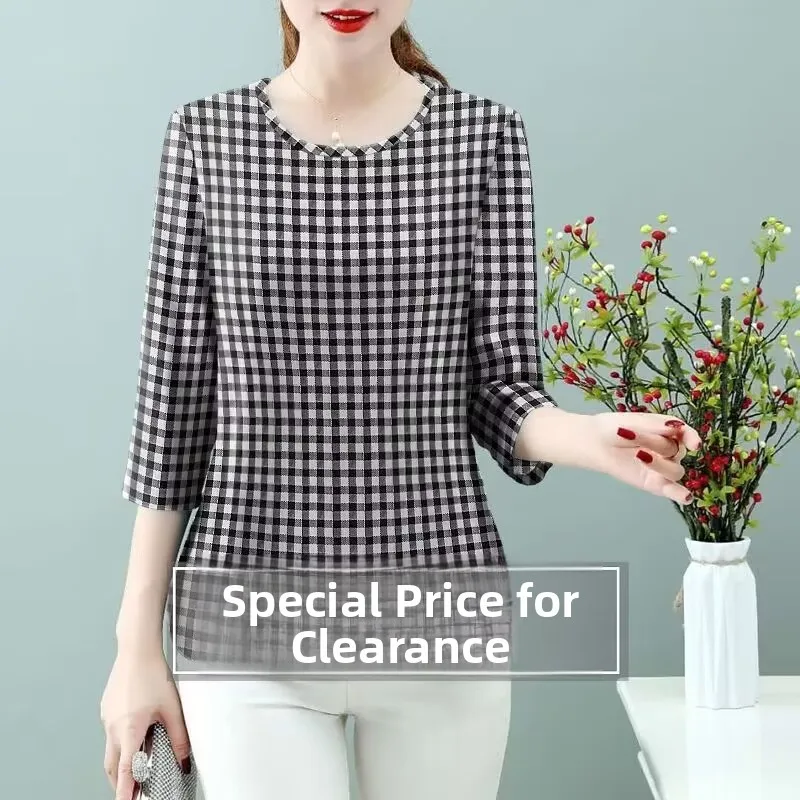 Summer Slimming Print 3/4 Sleeve T-Shirt Women's Spring Autumn Loose Belly Covering Top Fashionable Base Shirt for Mom