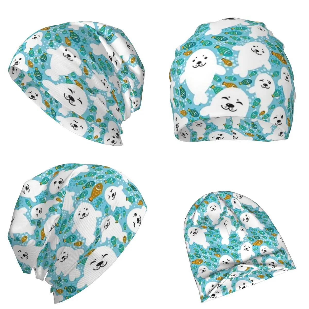 

Kawaii Cute Seal And Fish In Water Теплая вязаная шапка Модная шапка-капот Осень-зима Уличные шапки Шапки для унисекс для взрослых