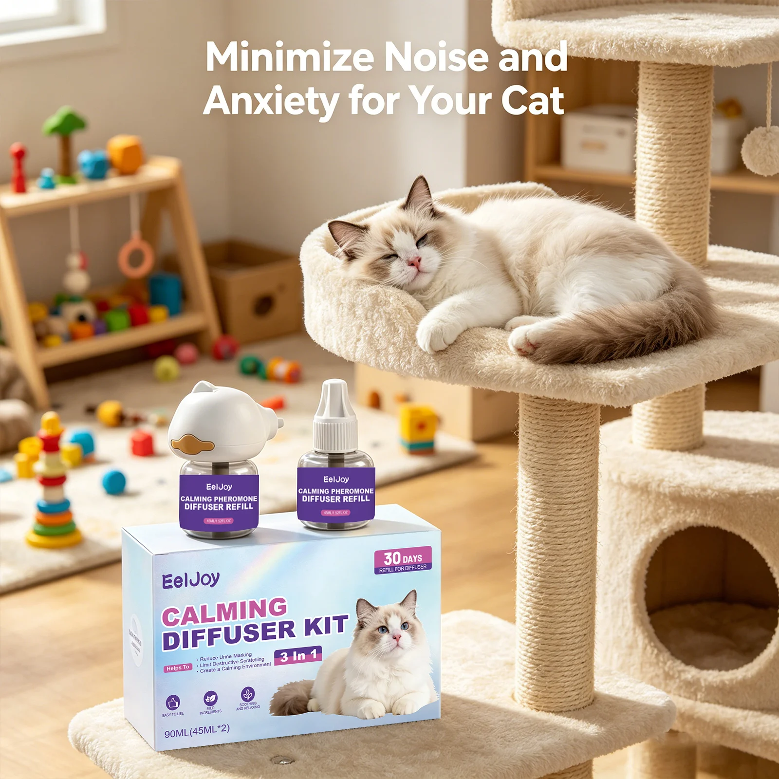Cat Calming Pheromone Diffuser Kit Anxiety Relief Reduce Scratching Behavior Adapt Environment 3-in-1 Plug-In Calming Diffuser