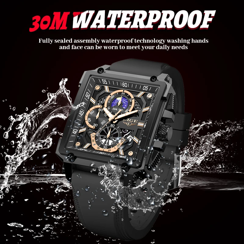 LIGE New Sport Chronograph Quartz Watch for Men Fashion Silicone Strap Square Dial Date Wristwatch 3ATM Waterproof Mens Watches