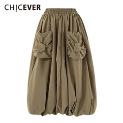CHICEVER Solid Spliced Pocket with Fold Mid Skirt for Women High Waist Patchwork Elastic Loose Fashion Casual Puff Skirts Female