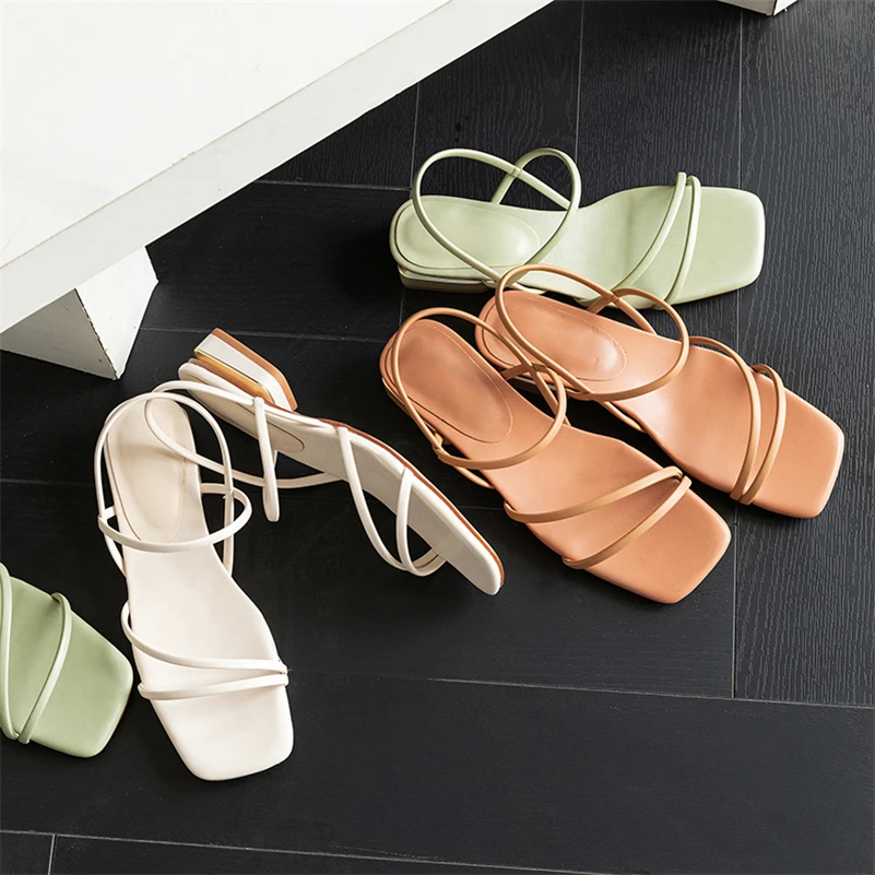 Meotina Women Sandals Square Toe Block Mid Heels Narrow Band Ladies Concise Brand Design Fashion Casual Shoes Summer Beige 40