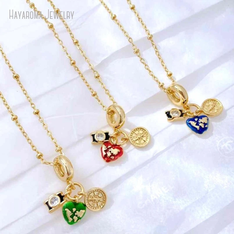 5Pcs Gift For Her Jewelry Enamel Wholesale Copper Metal Gold Color Hearts Heart Shape Point Camera Necklace