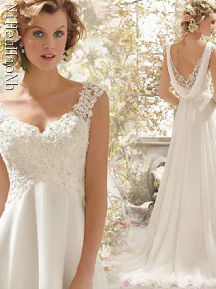 Robe de mariée trapèze classique, col en v, sans manches, avec des appliques en dentelle