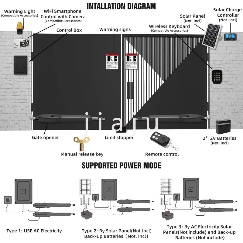 Abridor de puerta automático, Kit completo remoto para portón oscilante hasta 440LB por brazo, Motor de portón de 40W、