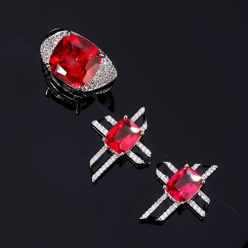 

European and American Fashion New Rectangular Inlaid Diamond Earrings Square Full Diamond Light Luxury Ring Red Corundum Women's