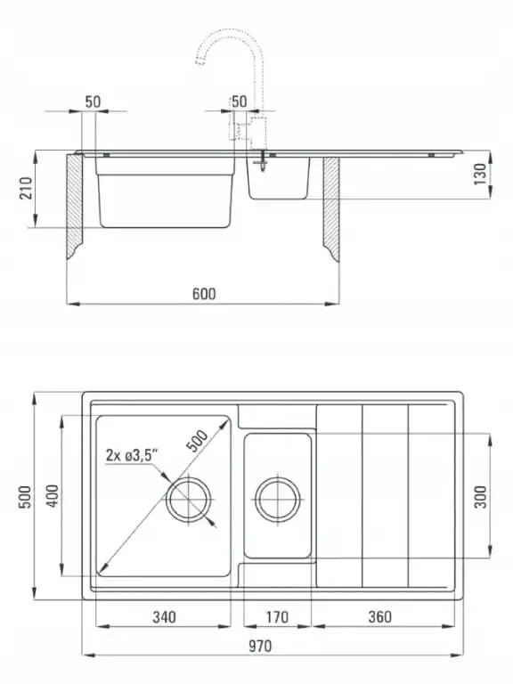 1.5-cell recessed sink with draining steel 97x50cm satin