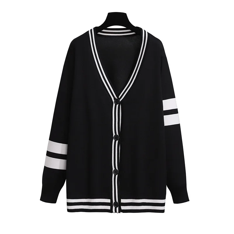 160Kg Plus Size Women's Bust 160cm Loose Cardigan Knitted Sweater 6XL 7XL Spring Autumn V-neck Striped Sweater