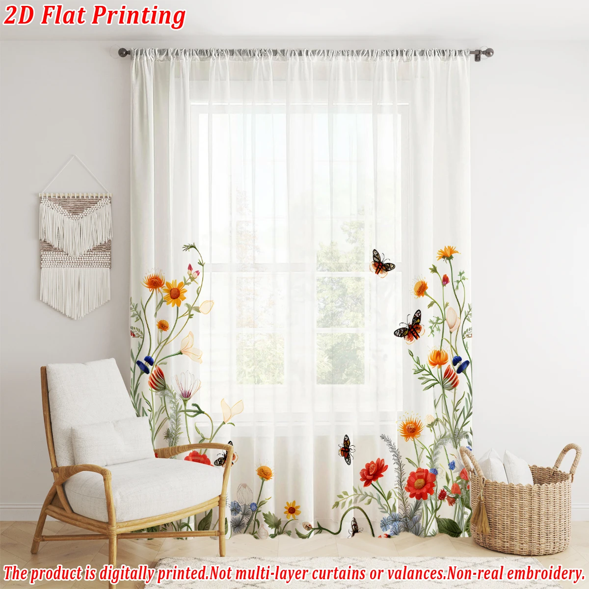 ستارة شفافة بطباعة مسطحة على شكل فراشة، قماش خفيف، لغرفة المعيشة وغرفة النوم وباب المنزل ونافذة الديكور