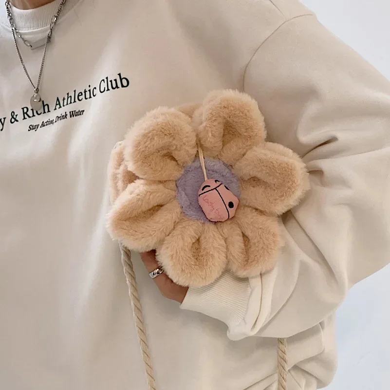 Sunflower Flower Shape One Shoulder Messengers Bag Children's Plush Small Girls Zipper Fashion Cute Round Contrasting Color Bags