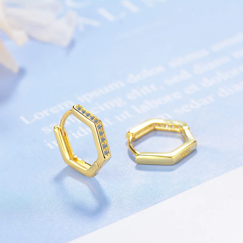 925 sterling silver new women\'s fashion jewelry high quality retro simple pentagonal crystal zircon gold silver earrings