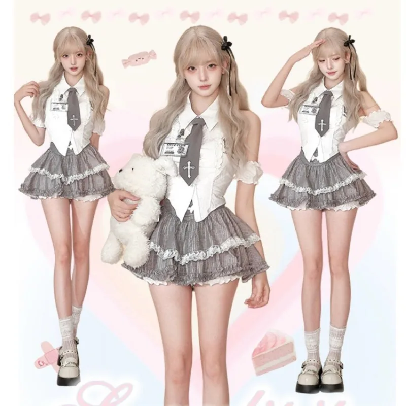 

Lace Embroidery Top Dress Set Japan Kawaii Girl Coconut Virtual Non Collision Set Folded Top Hundred Fold College Half Skirt New