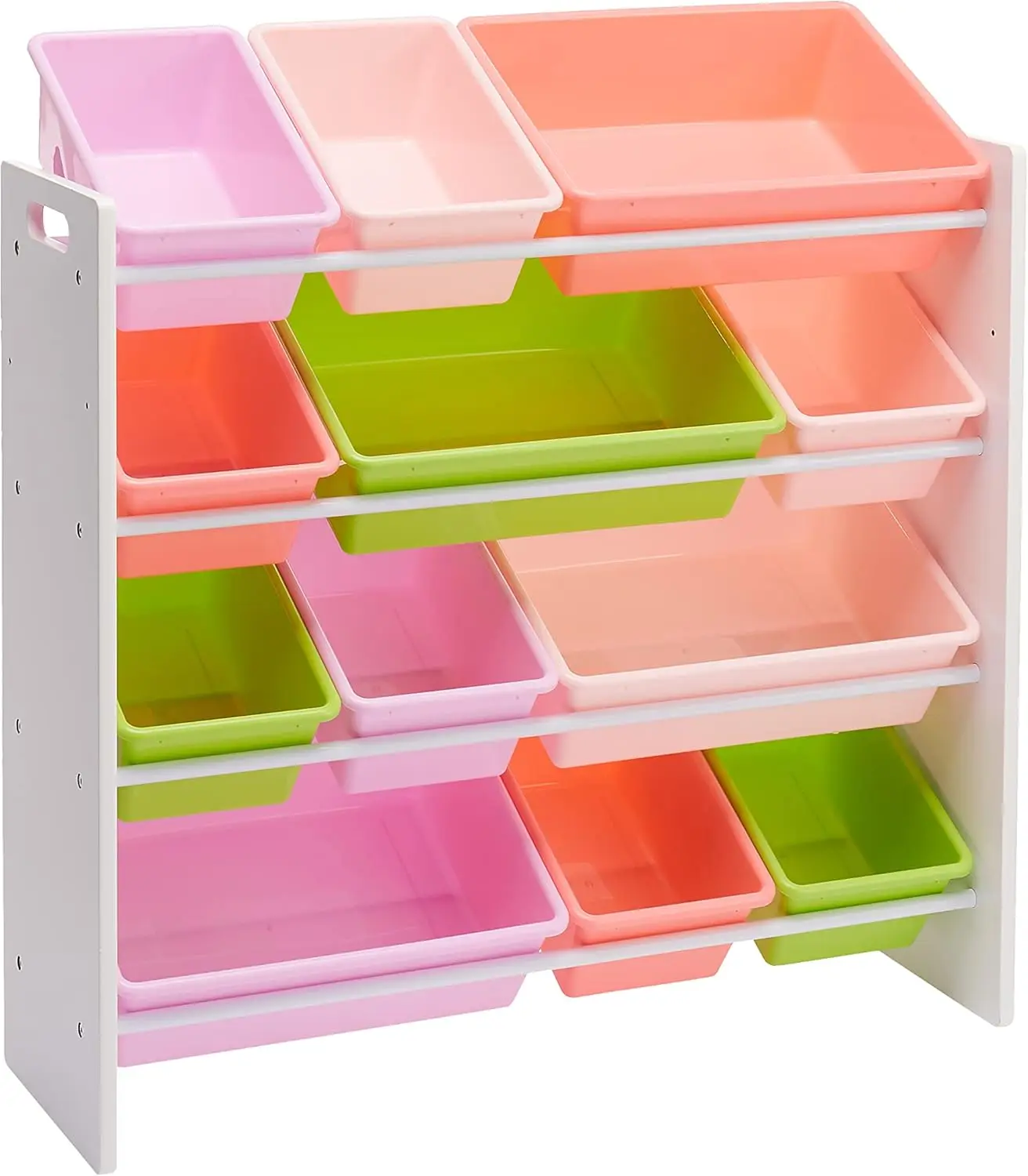 

Kids Toy Storage Organizer with 12 Plastic Bins, White Wood and Pink Bins, Compact Size for Bedroom or Playroom
