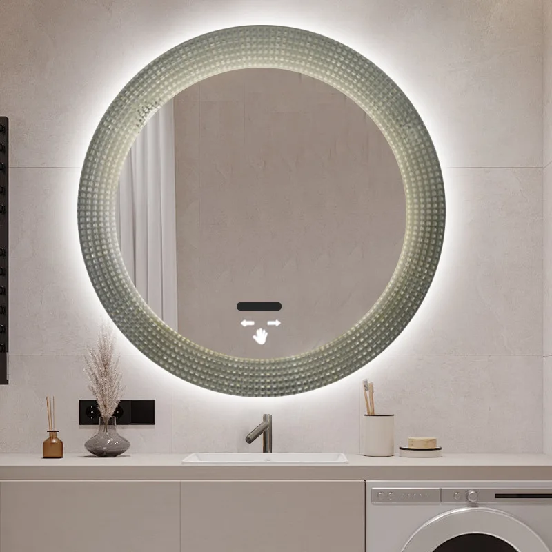 Ultra white glass engraved diamond pattern acrylic wall hanging touch LED bathroom washbasin mirror defogging function