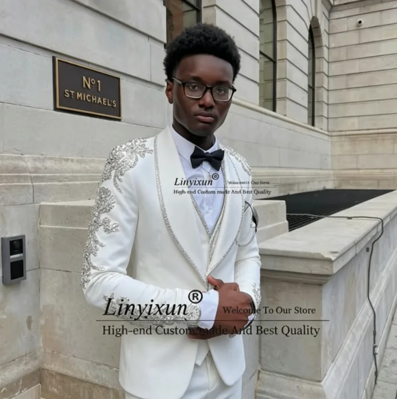 

High End Diamond Lapel Tuxedos Men Suit Customized 3 Pieces Sets Groom Male Blazers Wedding Party ropa hombre Slim Man Clothes