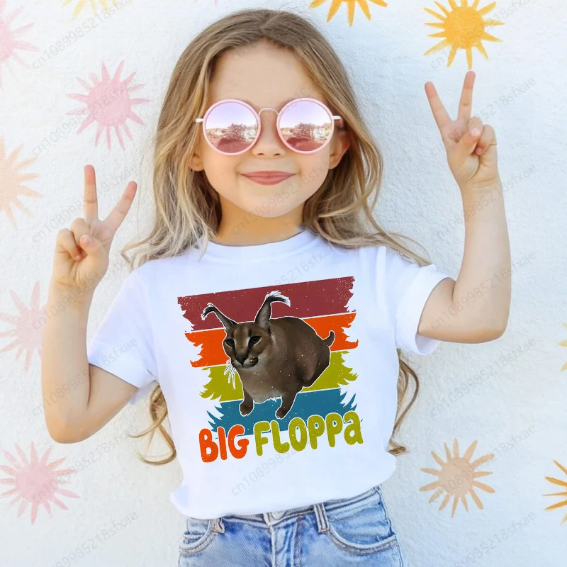 

Girls/Boys Funny Baby Clothes Children Big Floppa Meme Cute Funny Cat Print T-shirt Kids Summer Short Sleeve White Tshirt