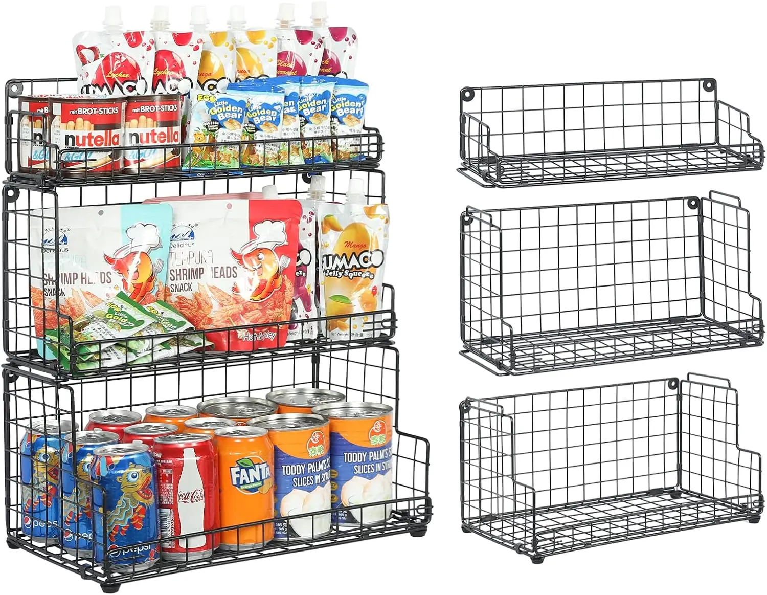 

Stackable Wire Basket 3 Tier Countertop & Wall Mounted Metal Storage for Kitchen Pantry, Open Front Bin Organizer for Food Fruit
