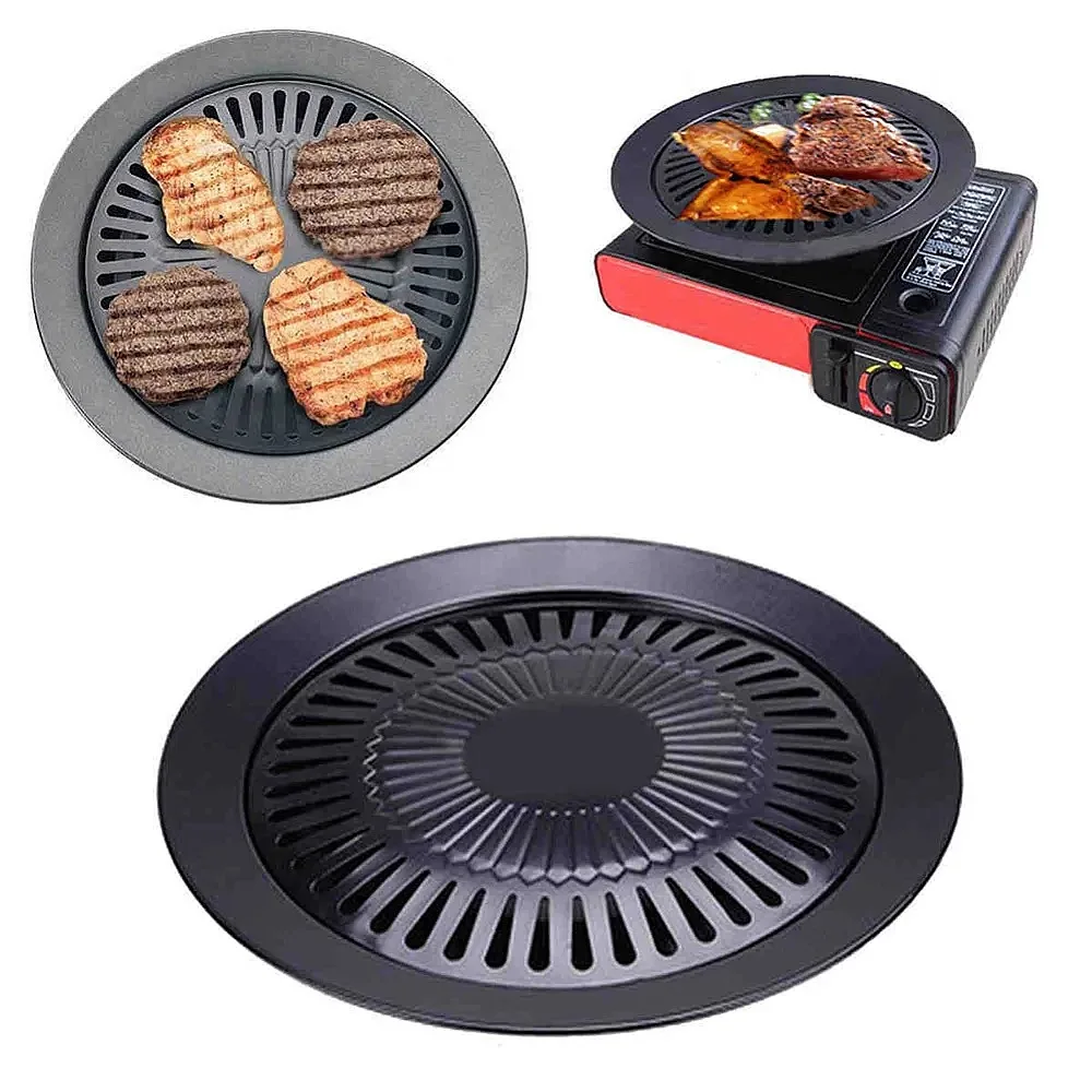 Round Smokeless Barbecue Baking Pan Non-Stick Grill with Brush BBQ Roasting Tray