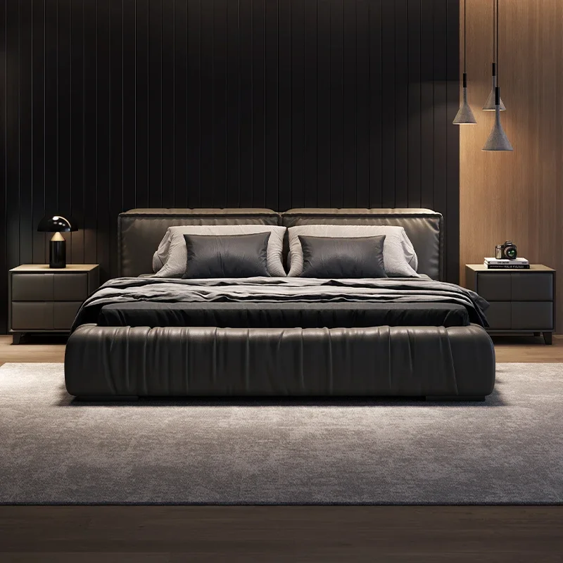 Black Leather Modern Double Bed Luxury Backrest High Adults Queen Double Bed Bedroom Frame Big Cama De Casal Home Furniture