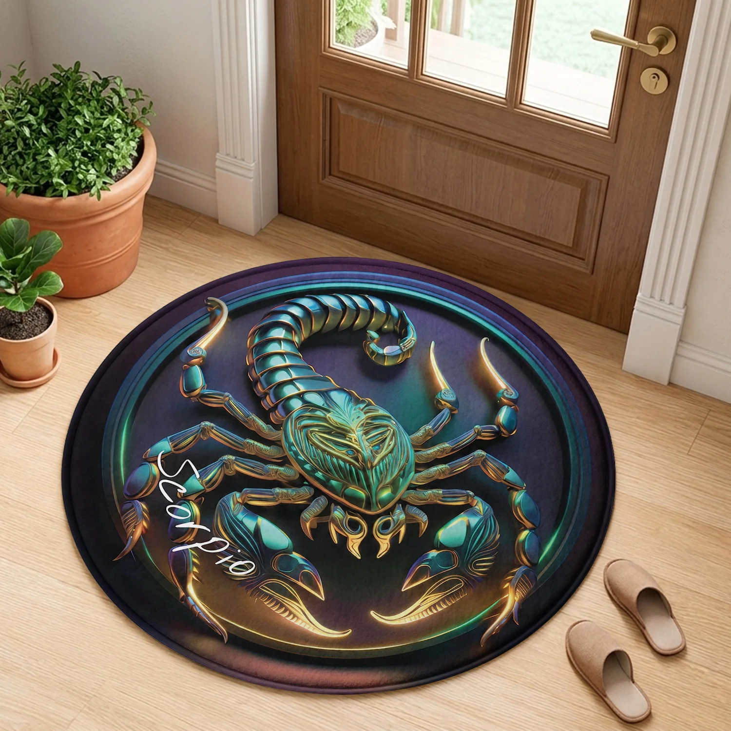 Scorpio Zodiac Sign Scorpion Metallic Teal Gold Astrology Neon Dark Pattern Holiday Luxury Round Mat Area Rug Home Decor