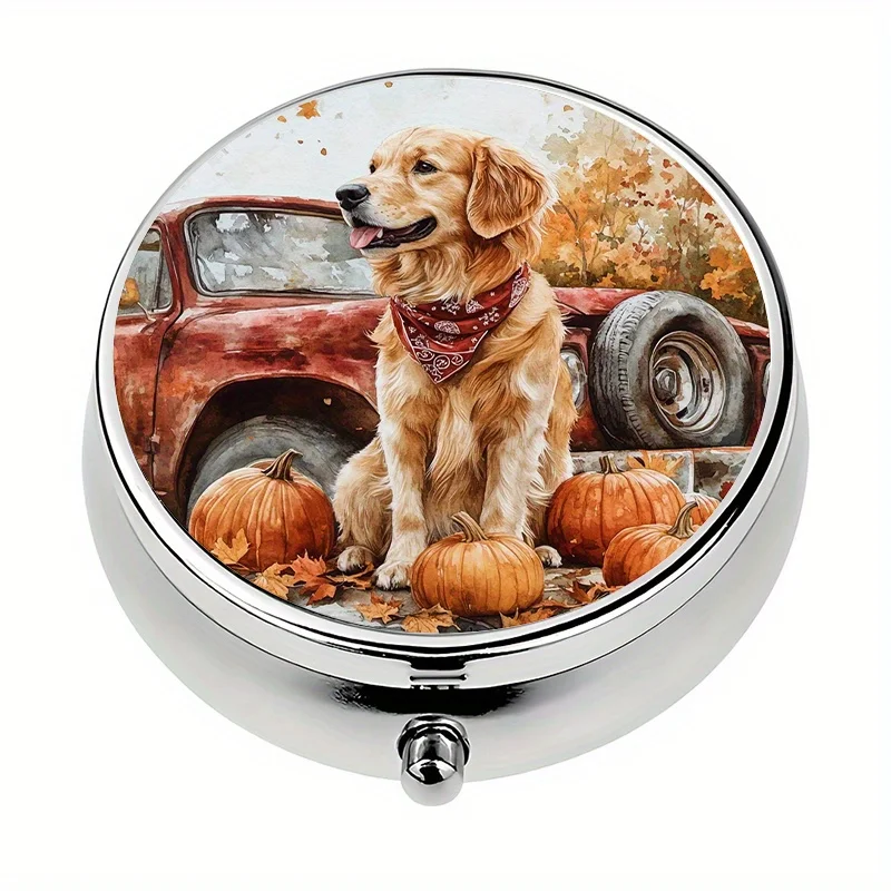 1-piece 3-compartment pill box, Autumn Harvest Golden Retriever, portable or handbag pill box, mini decorative pill box, unique gift suitable for travel