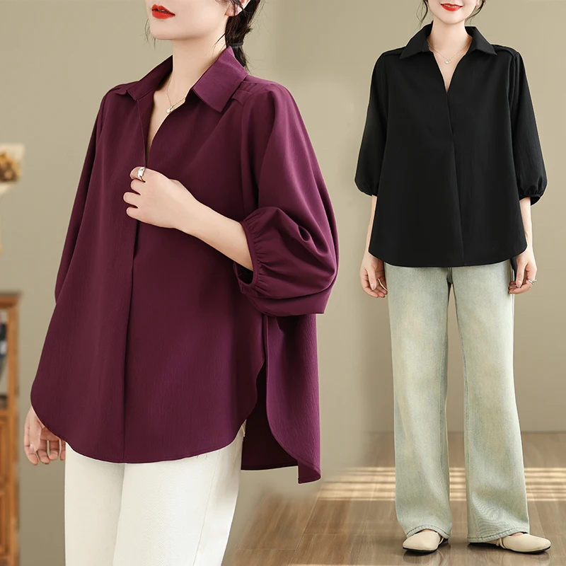 

Новая летняя женская повседневная рубашка с рукавом три четверти, цветным воротником, асимметричным подолом, в стиле кардигана, из смесового хлопка