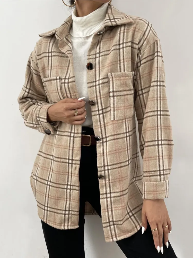 

Women Fashion Plaid Coat Shirts Casual Vintage Long Sleeve Pocket Collared Shirts Top Women Clothes Autumn And Winter New 2025
