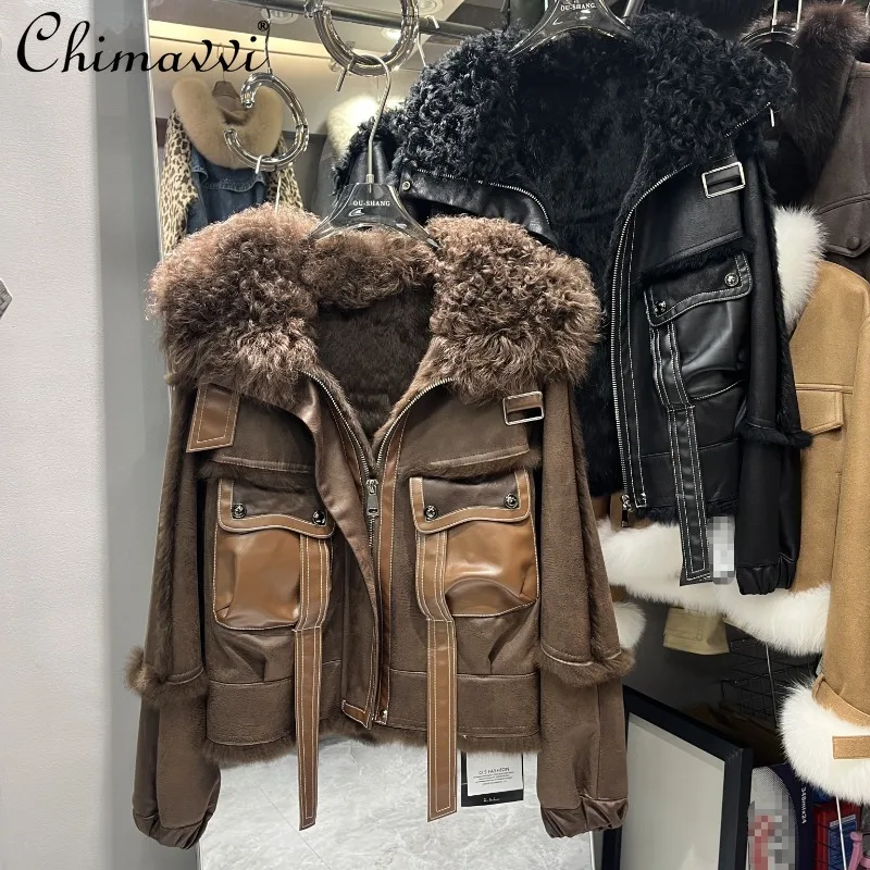 

Autumn Winter New Sheepskin Integrated Warm Coat Jacket Women High-end Large Fur Collar Fashion Long Sleeve Warm Elegant Coat