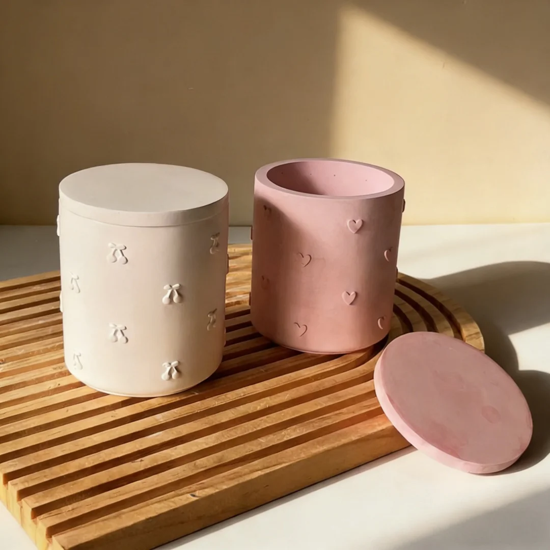 

Heart Bow Emboss Cylindrical Jar With Lid Aromatherapy Gypsum Storage Cup Silicone Mold Storage Jar Pen Holder Home Decor