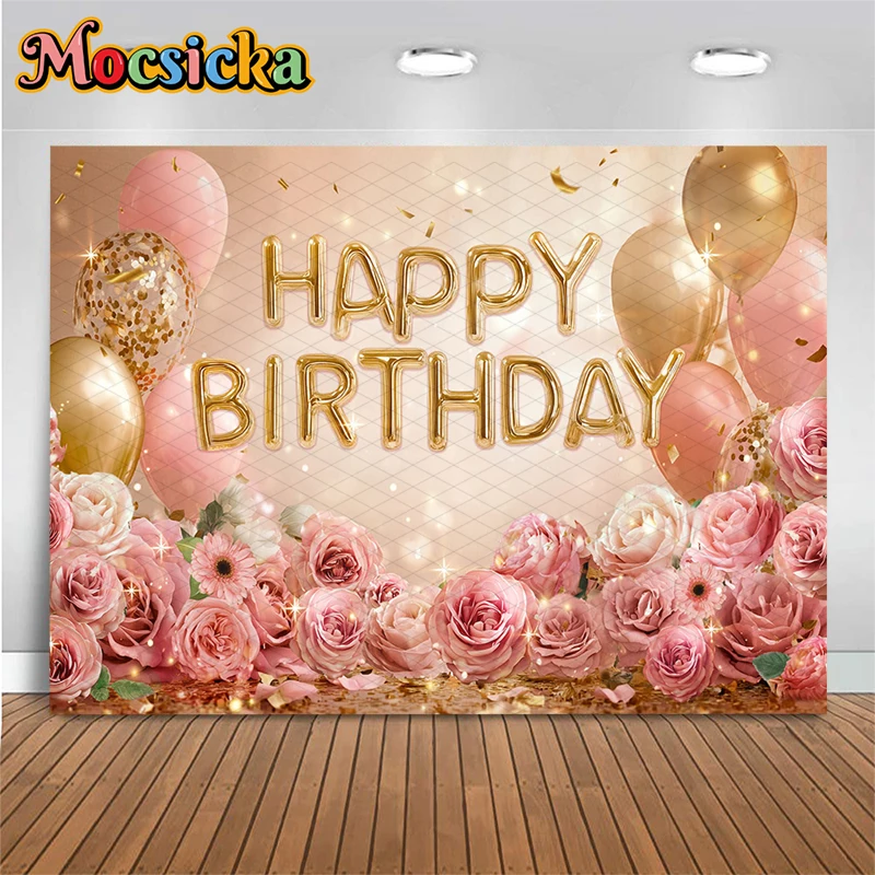 

Mocsicka Happy Birthday Background For Photographs Pink Rose Party Decoration Newborn Baby Shower Portrait Backdrop Photo Studio