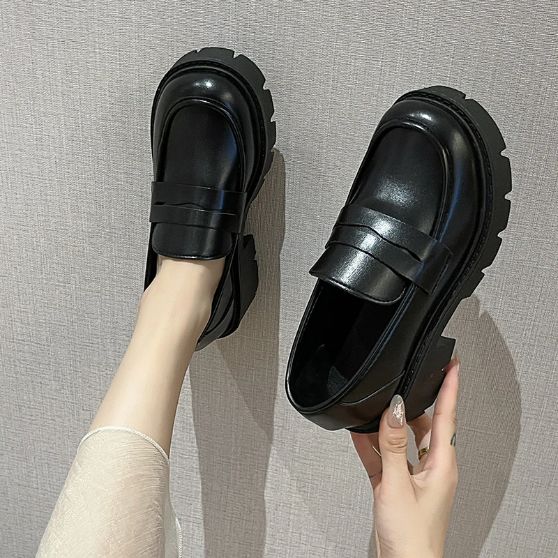 Chunky Loafers Women Platform Shoes Mary Janes Casual Leather Slip on Ladies Black Fashion Spring Autumn College Style