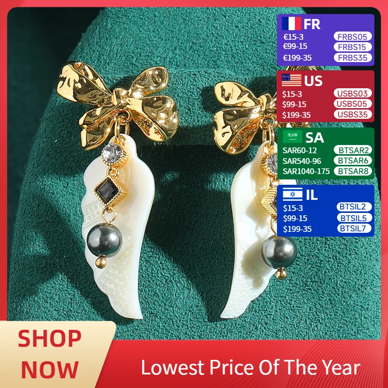 

Vintage Butterfly Earrings Woman Horn Shell Freshwater Pearl Drop Dangle Luxury Charm Antique Gold Color Jewelry Accessories