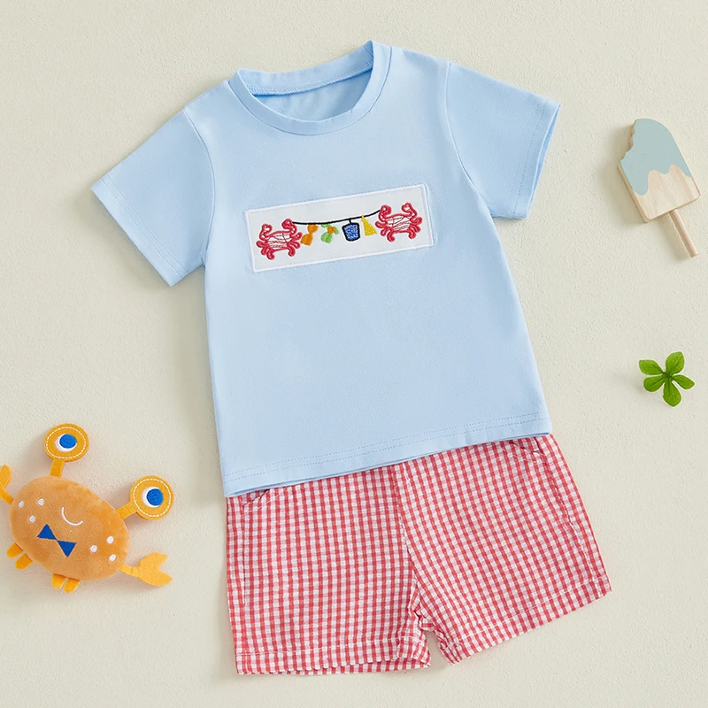 Летняя одежда для маленьких мальчиков, футболки с вышивкой краба и круглым вырезом, клетчатые шорты с эластичной резинкой на талии, комплект одежды из 2 предметов