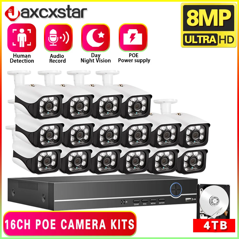 

4K 8MP POE Security Camera System 16CH P2P AI Video Surveillance Kit Audio Record Outdoor Home Street 8MP IP Camera CCTV Nvr Set