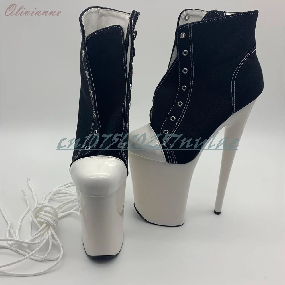 

Black White Canvas Platform Ankle Boots Lace-up Zipper 20cm Stiletto Heels for Pole Dance Clubwear 2026 Hot Girls Performance