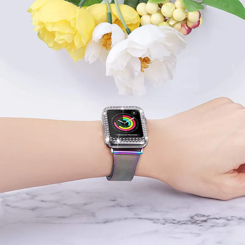 Gespsluiting Milanese smartwatch-polsband + strass horloge beschermhoes vervangende armband voor Apple Watch SE 44 mm /