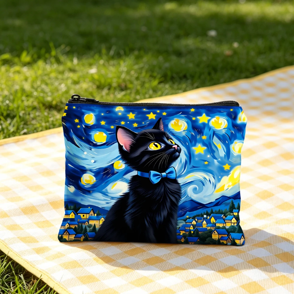 Chic Handbag Blue Starry Night Cat With Bow Tie Tote Bags And Makeup Bag Combination For Women Shopping Travel Portable Pouch