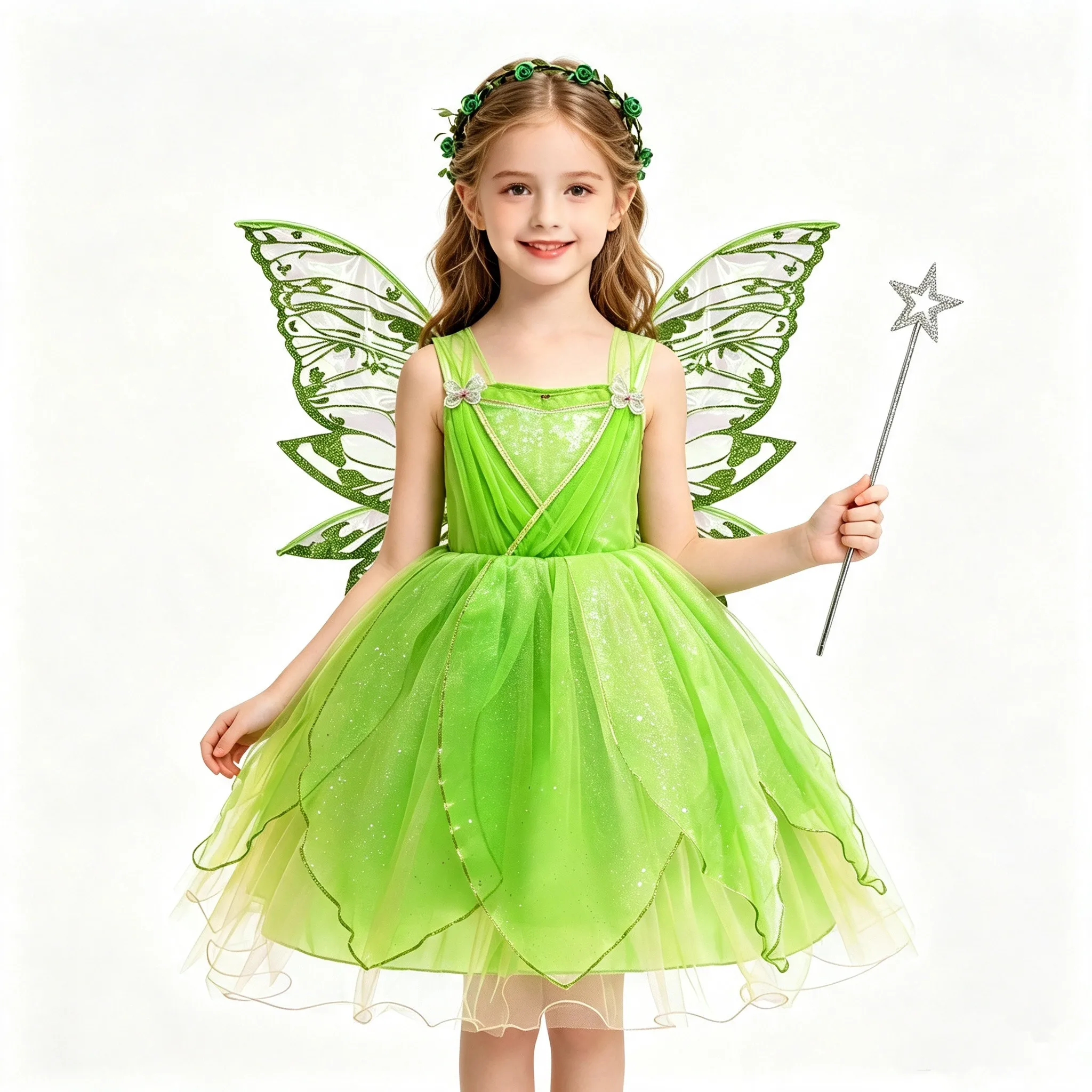 Children Girls Halloween Butterfly Fairy Elf Dress Up Costume Sequin Tulle Tutu Dresses with Wings Fairy Stick Garland Elf Ears