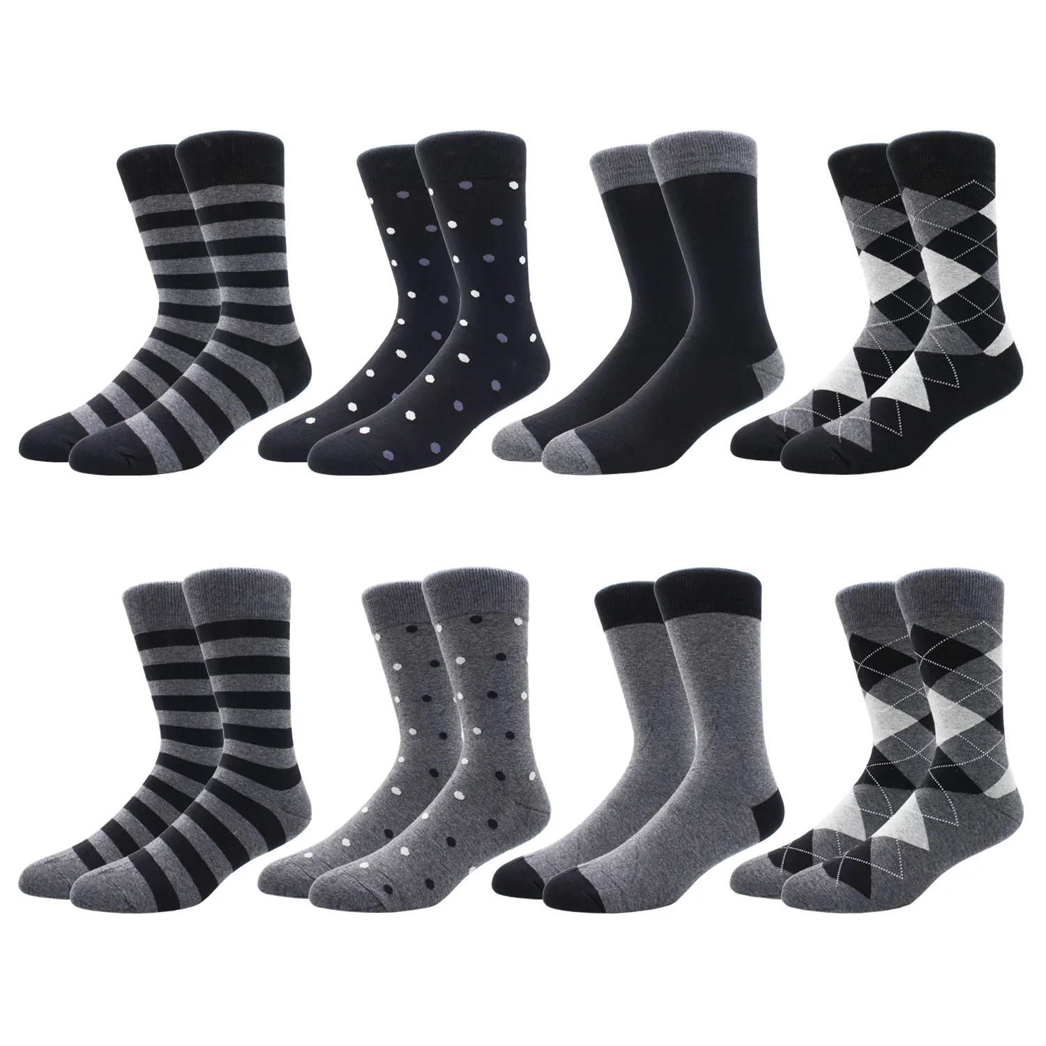 8 Pairs Large Size Casual Fashion Business Mid-tube Men Socks Black Gray Stripe Dot Diamond Men Dress Socks EU41-48