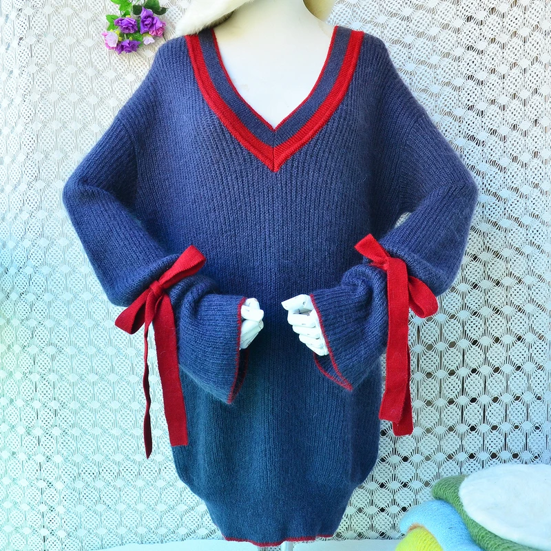 

Женский пушистый свитер-платье из мохеровой шерсти с V-образным вырезом, длинными рукавами и завязками, свободного кроя, весна-осень