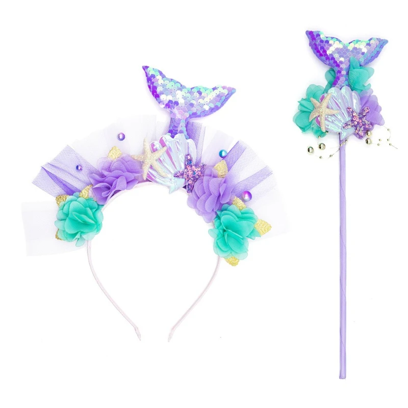 Seaside Fantasy Pearl Jewelry Pack Mermaid Tail Designed Head Accessory for Summer Carnival Ocean Theme Fancy Dress Matching Set