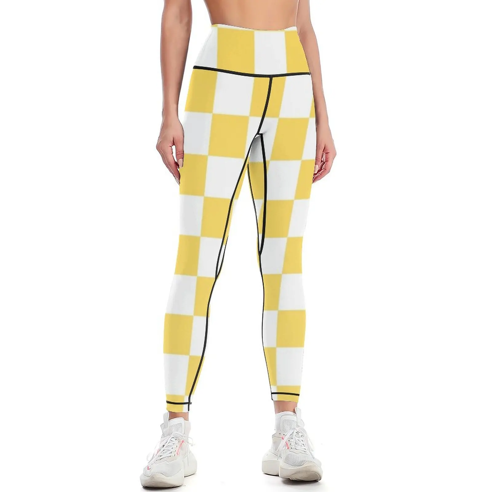 White and Yellow Checkered Leggings for fitness active wear Womens Leggings