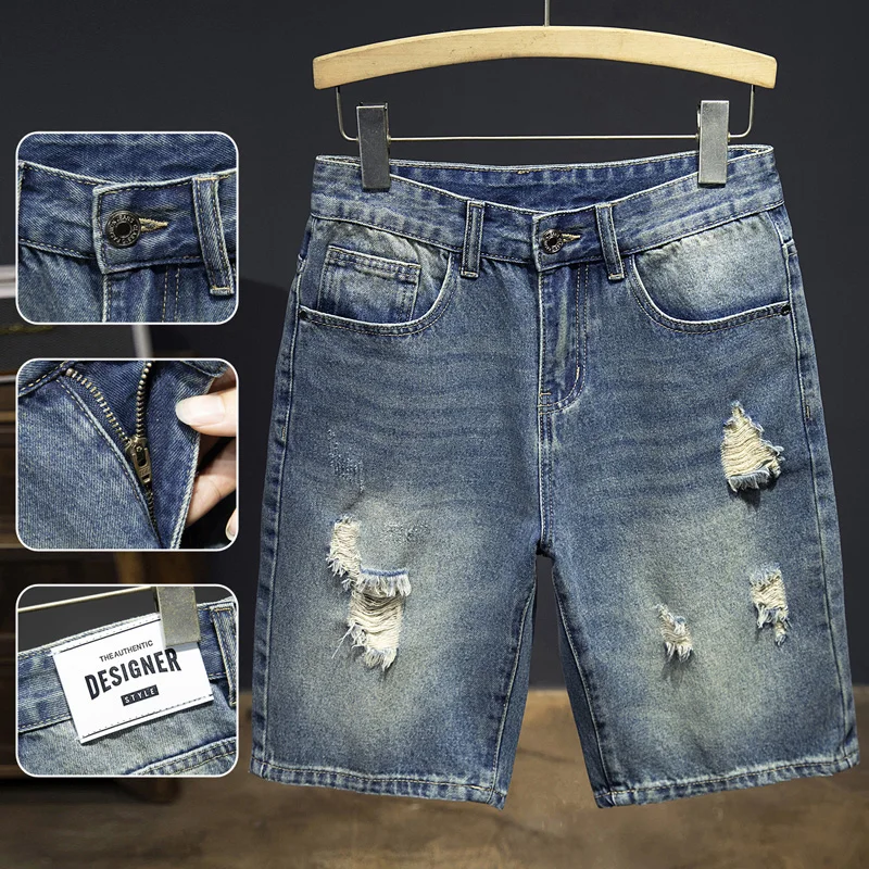 

Summer Ripped Denim Shorts Men's Fashion Straight Hole Beach Short Pants Vacation Casual Male Vintage Jeans Streetwear