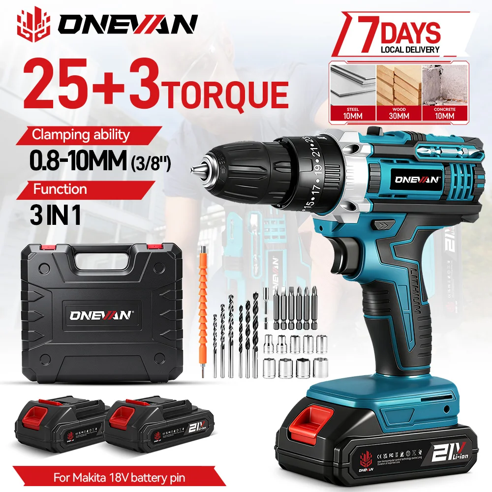 ONEVAN 25+3 Drehmoment-Elektro-Schlagbohrmaschine, kabellos, tragbar, 2 Gänge, Schraubendreher, Holzbearbeitungs-Elektrowerkzeug für Makita 18V Akku